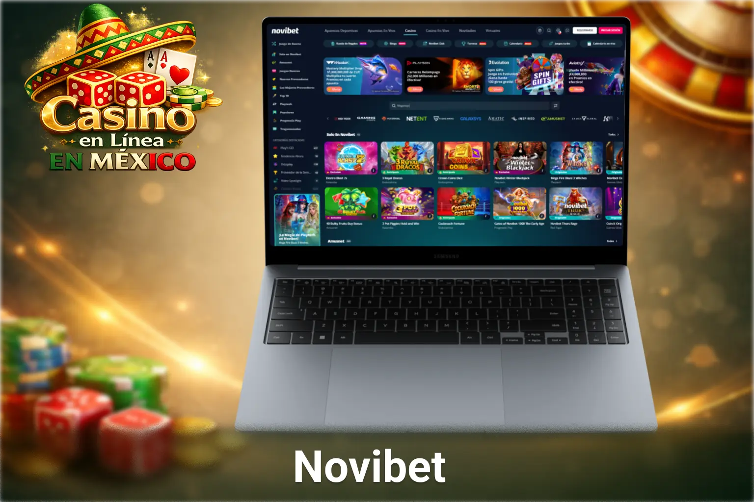 Interfaz del casino Novibet en México con tragamonedas online, juegos populares y diseño moderno para usuarios